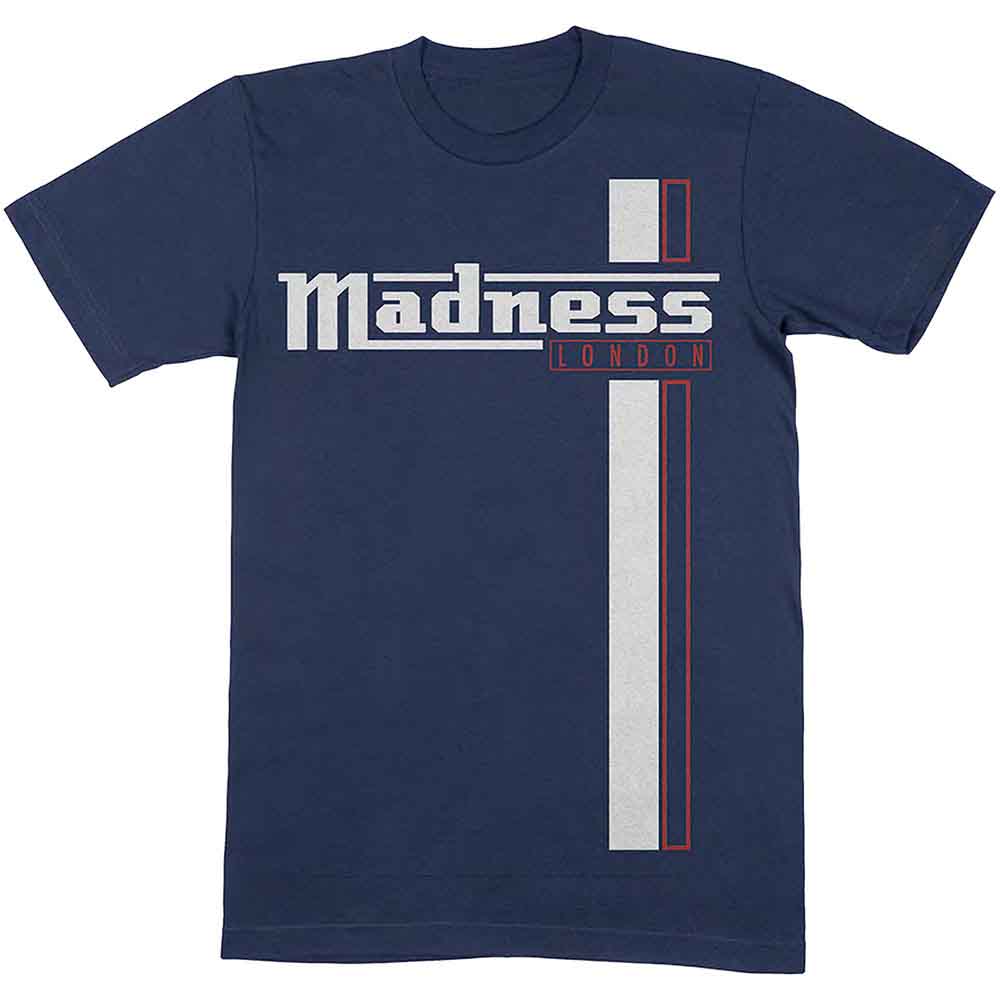 Dark blue t-shirt with "Madness" and striped graphic design.