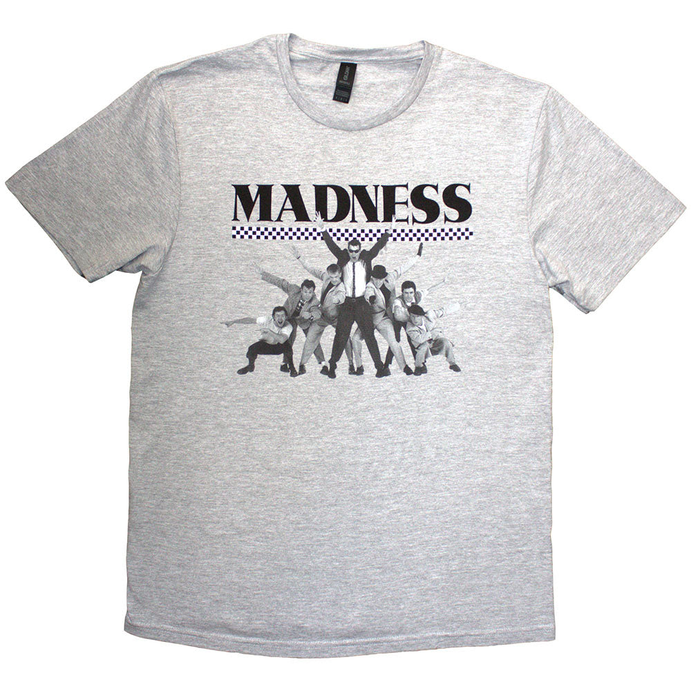 Grey unisex t-shirt with a repeating seven-check pattern, size small.