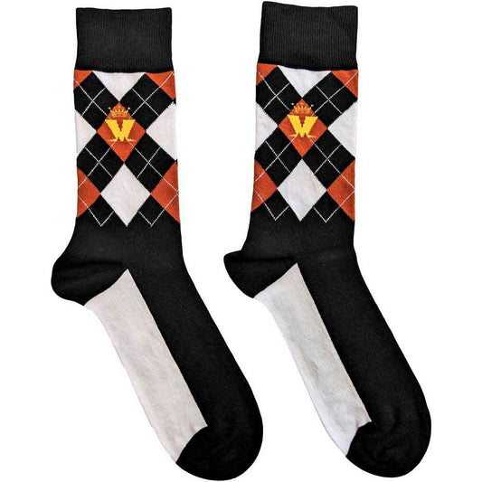 Brown ankle socks featuring a repeating diamond pattern and a small crown logo.