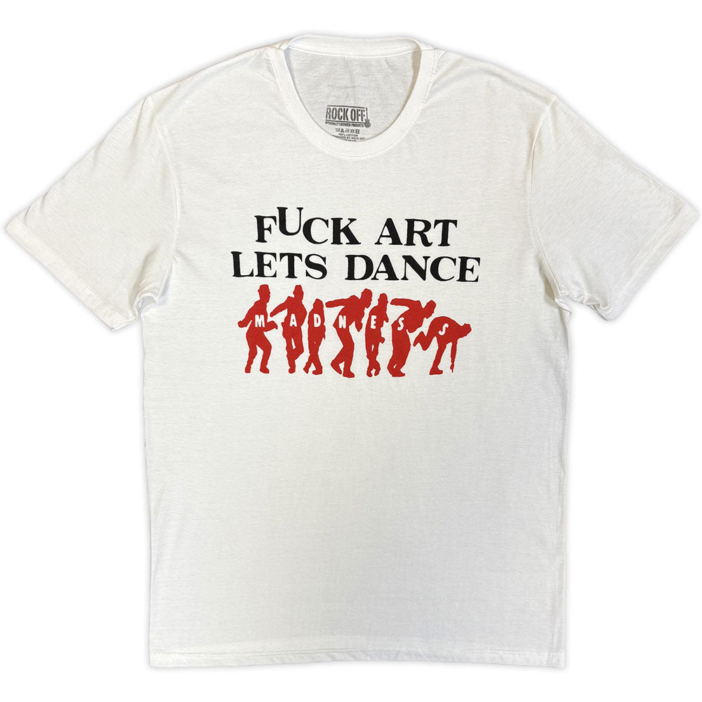 Black t-shirt with red graphic of dancing figures and text "FUCK ART".