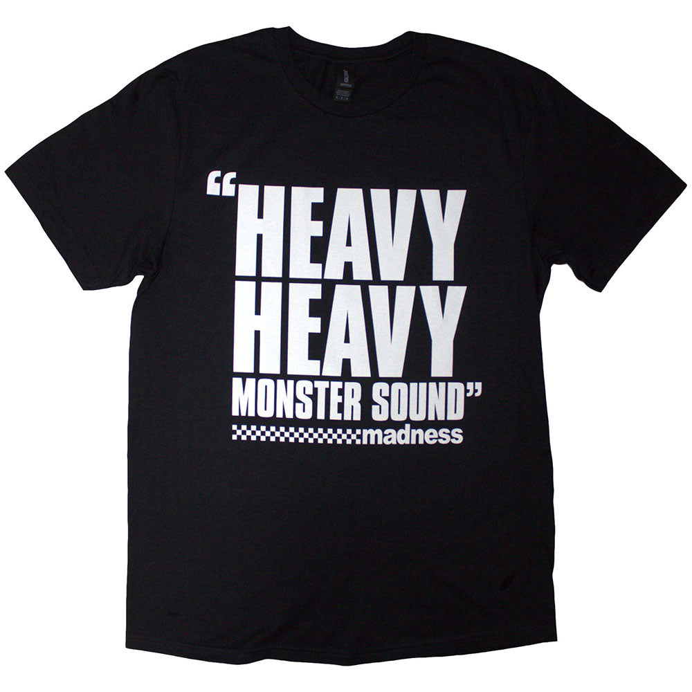 Black t-shirt with “Madness Heavy Heavy” text, small size.