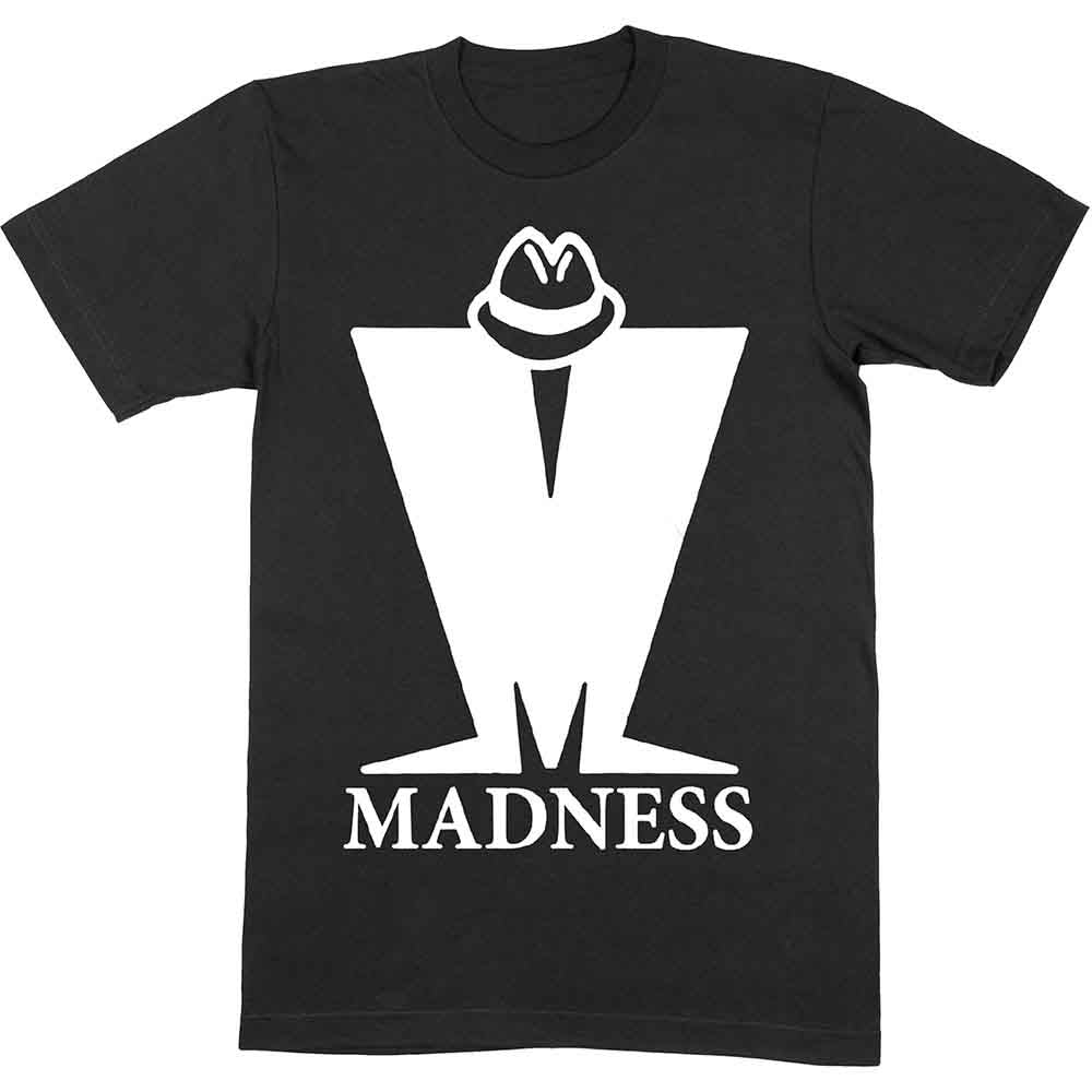 A man wearing a black t-shirt with a white Madness band logo.