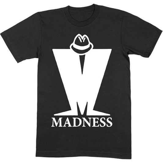 A man wearing a black t-shirt with a white Madness band logo.