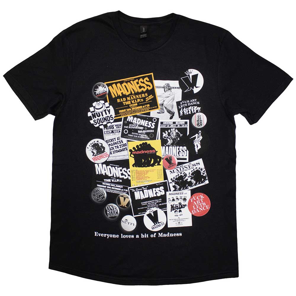 Small black t-shirt with Madness band posters and stickers graphic.