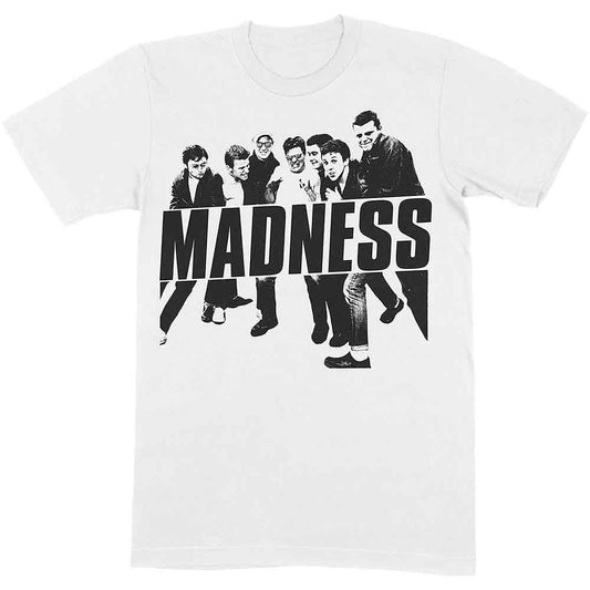 White t-shirt featuring a black and white band photo and the word MADNESS.