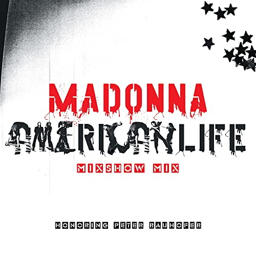 Madonna “American Life” vinyl record cover with red text and black stars.