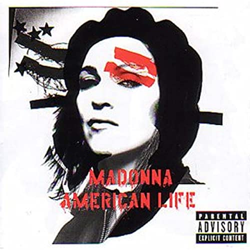 Madonna’s “American Life” album cover: portrait with red stripes and stars.
