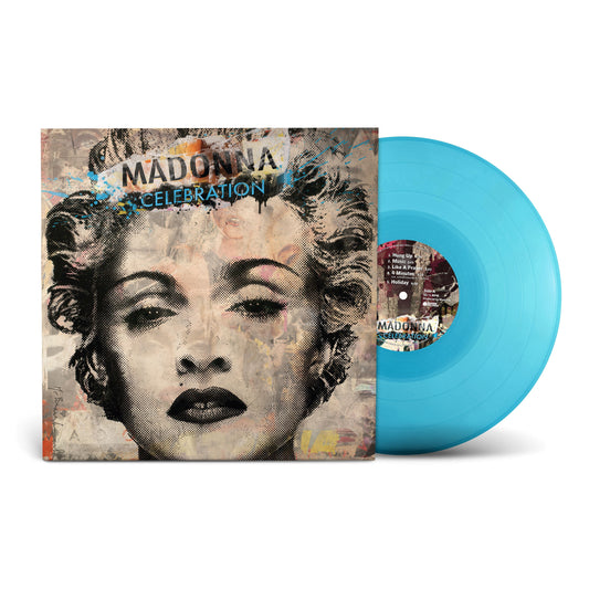 Madonna "Celebration" blue vinyl record with textured album cover portrait.