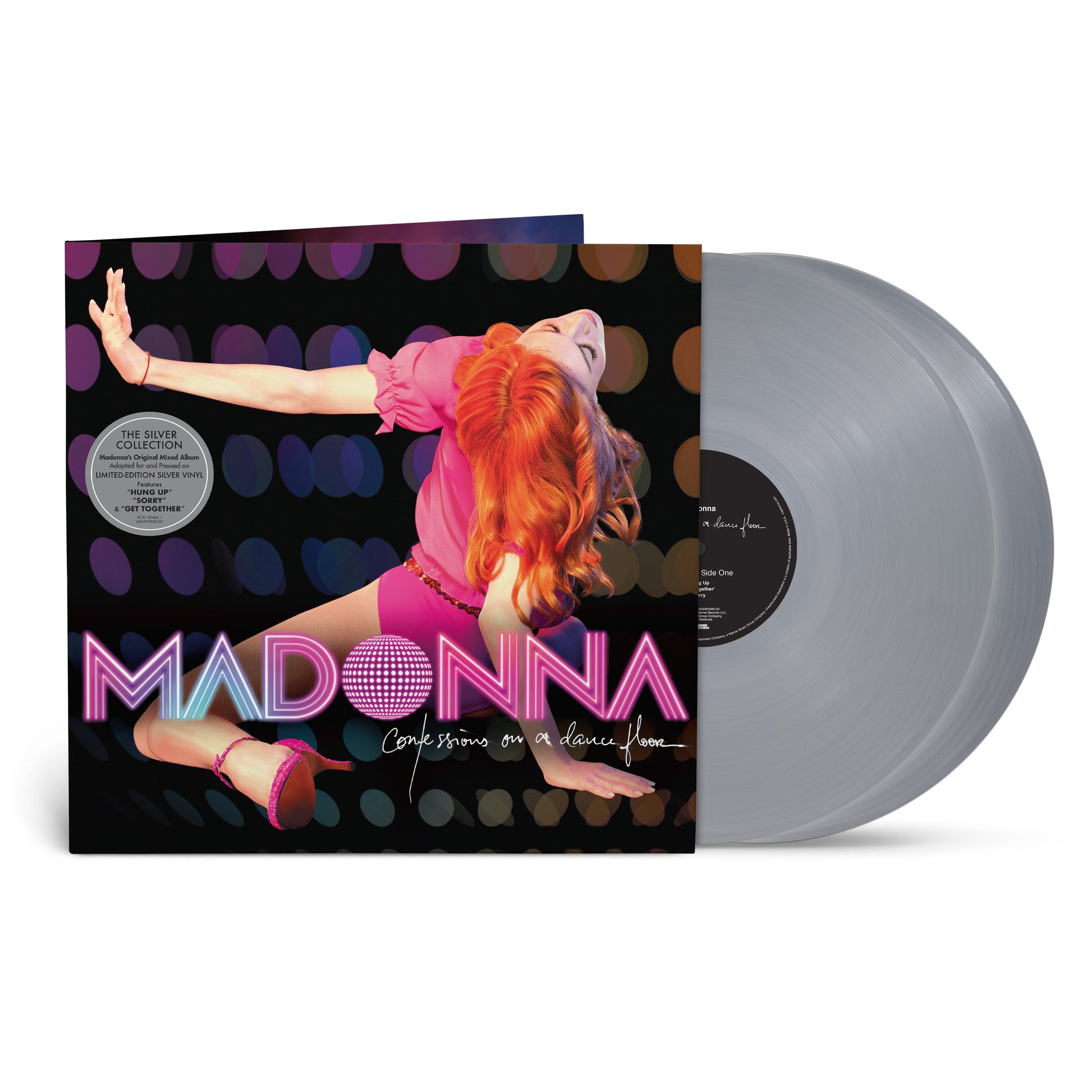 Madonna Confessions on a Dance Floor album cover with two silver vinyl records.