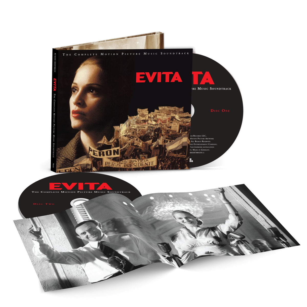 “Evita” soundtrack CD case, two discs, and booklet with Madonna’s portrait.