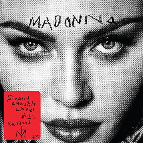 Close-up of Madonna’s face with red text overlaying halftone pattern.