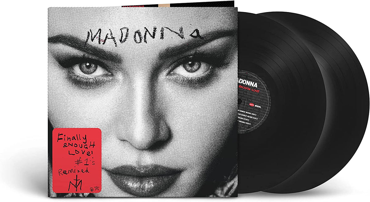 Close-up of Madonna’s face with handwritten text and red stamp overlay.