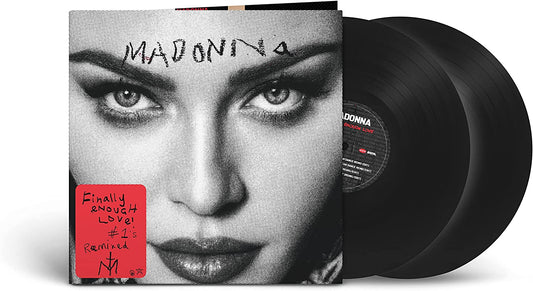 Close-up of Madonna’s face with handwritten text and red stamp overlay.
