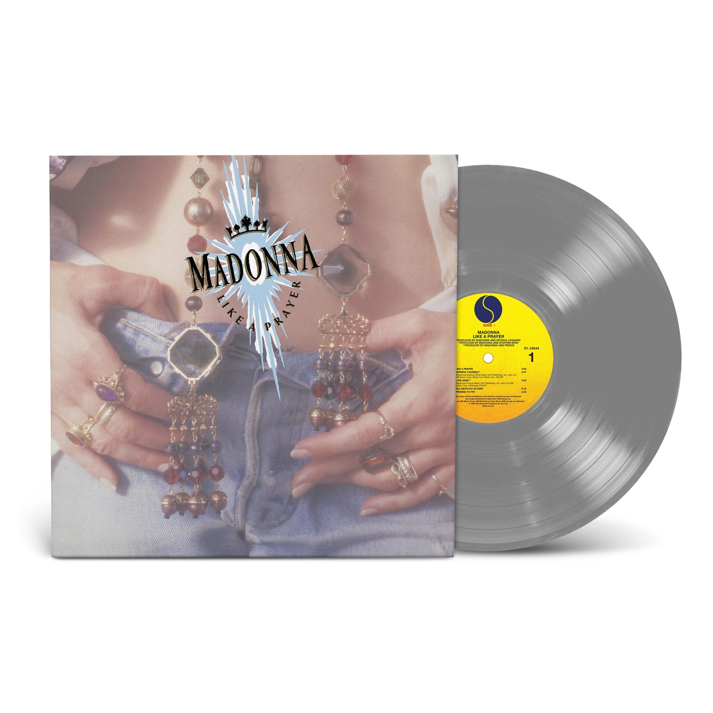 Madonna Like A Prayer album cover with a silver vinyl record and yellow label.