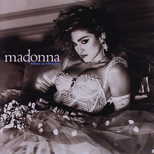 CD case with a photo of Madonna, titled "Like a Virgin", on a white background.