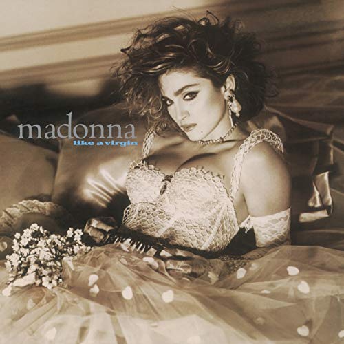 Madonna album cover, “Like a Virgin”, sepia tone, lace dress.