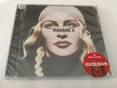 Madonna’s “Madame X” album cover in a plastic case, with a red sticker.