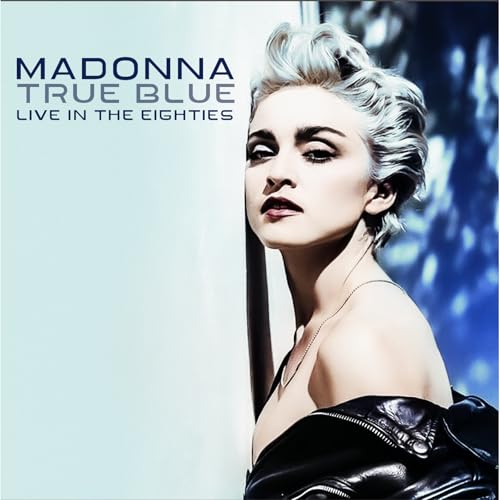 Madonna with platinum blonde hair wearing a leather jacket on a blue-toned album cover.