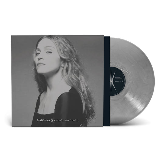 Madonna album cover and silver vinyl record, black and white image.