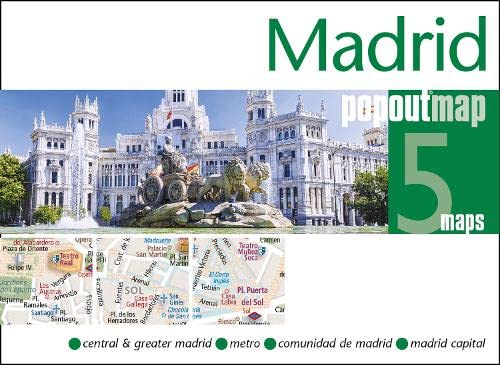 Front cover of a Madrid PopOut Map featuring the Cibeles Palace and city maps.
