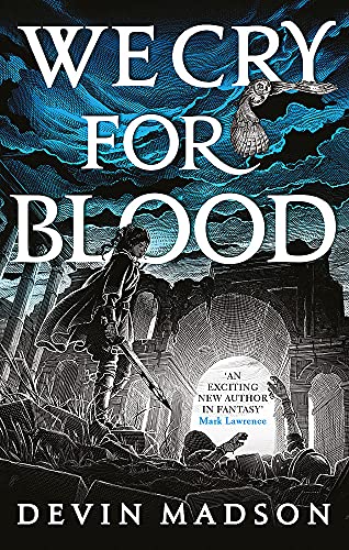 Book cover: warrior with sword, ruins, owl, and stormy blue sky.
