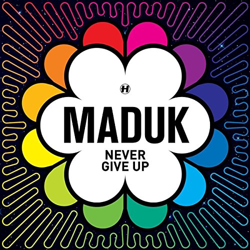 "Album cover with 'MADUK' and 'NEVER GIVE UP' text surrounded by rainbow colors."