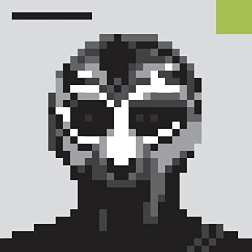 Pixelated portrait of MF DOOM wearing a metal mask, gray and white tones.