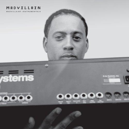 Black and white album cover featuring Madlib and music equipment.