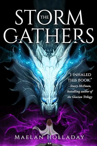 Book cover: "The Storm Gathers" featuring a dragon and a figure below.