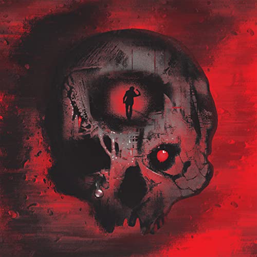 Skull with a figure inside the eye socket, red background.