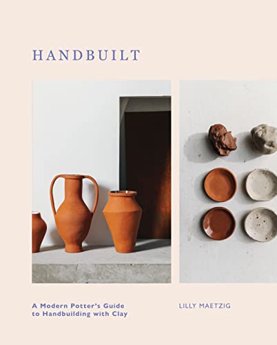Book cover titled Handbuilt showing terracotta pottery and clay pieces on a light background.
