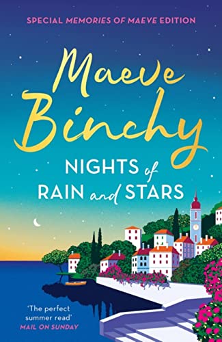 Book cover: “Nights of Rain and Stars” by Maeve Binchy, coastal town scene.