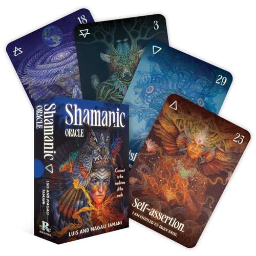 Shamanic Oracle card deck with colorful, mystical imagery and owl illustration.