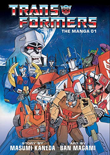 Cover art for Transformers: The Manga 1 featuring various robot characters against space background.