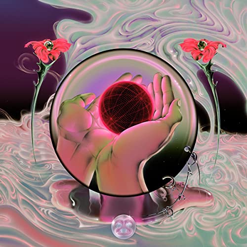 Hands holding a glowing red wireframe sphere inside a bubble with two red flowers.