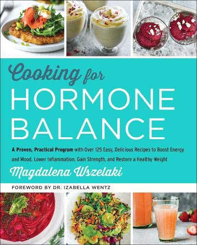 Cookbook cover with food images and bold teal “HORMONE BALANCE” text.