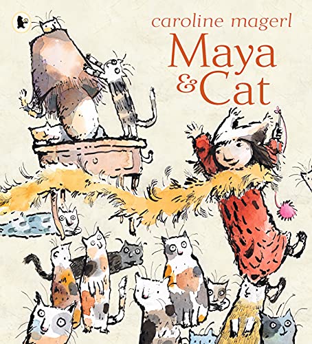 Illustration of a girl with many cats on and around a dresser.