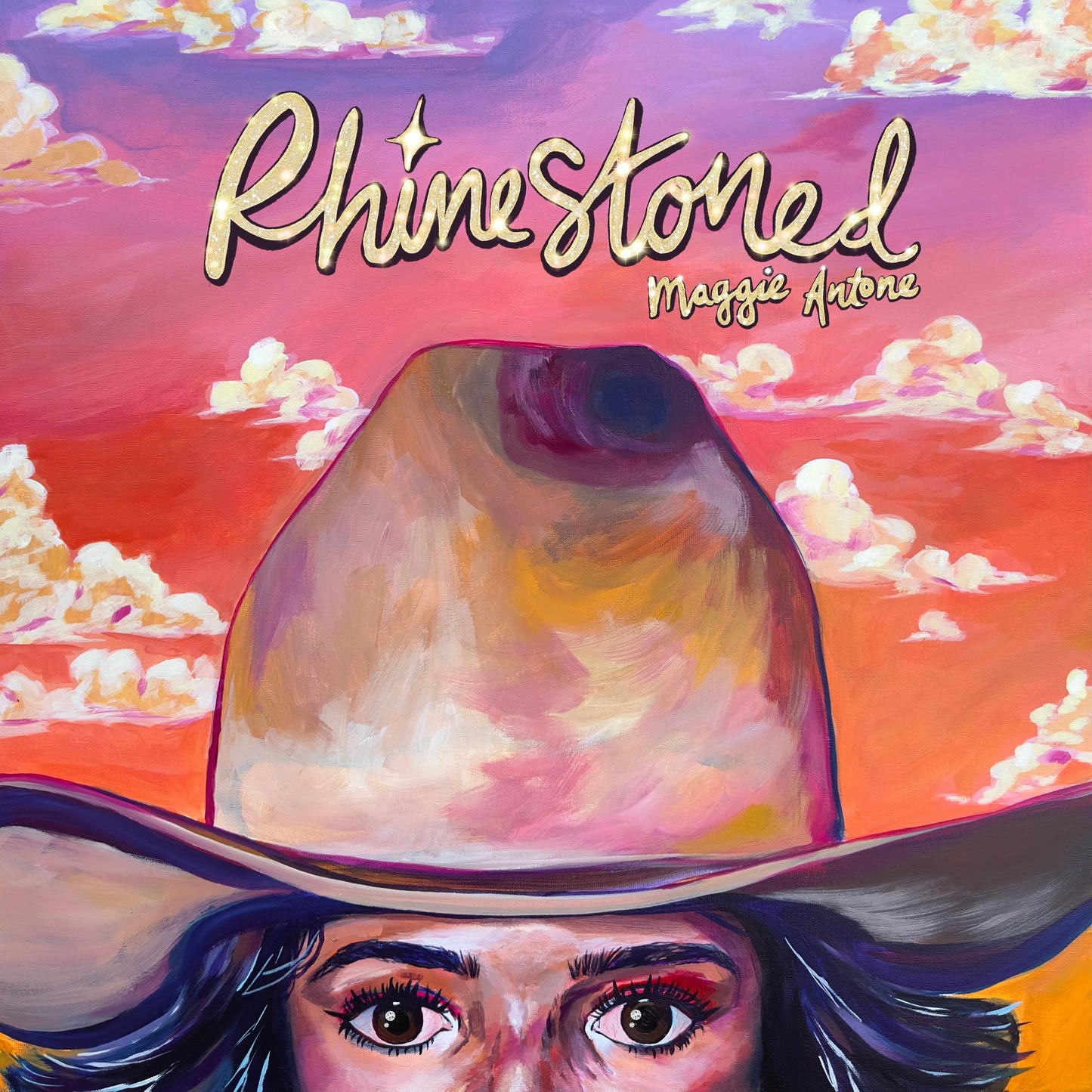 Painted album cover featuring eyes looking up at a rhinestone-studded cowboy hat.