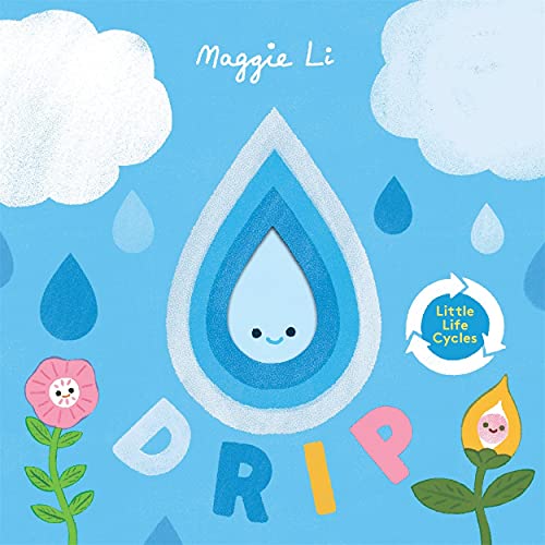 Book cover featuring a smiling water droplet, clouds, rain, and flowers on blue background.