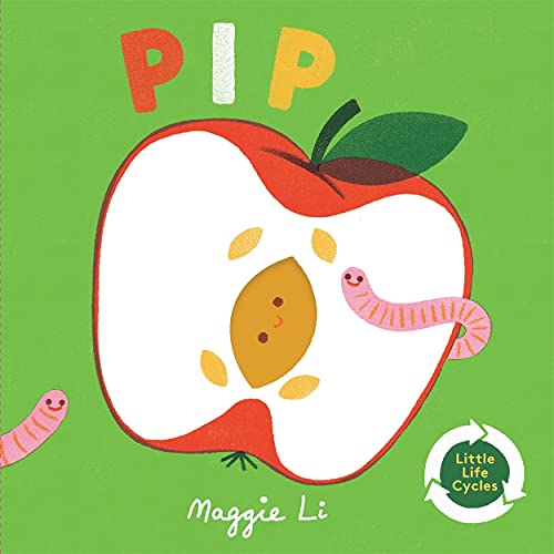 Apple slice with a seed, worms, and green leaf, illustrated style.