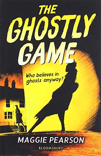 Book cover: "The Ghostly Game" with a shadowy figure and house.