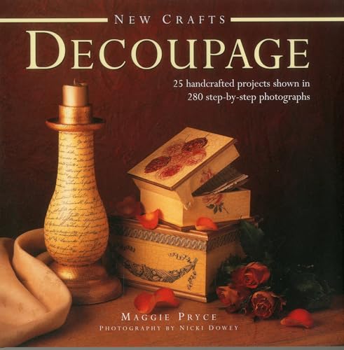 Book cover for “Decoupage” with decorated boxes, a candle, and roses.
