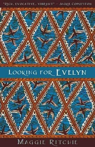 Book cover: patterned brown and blue with birds, title "Looking for Evelyn".