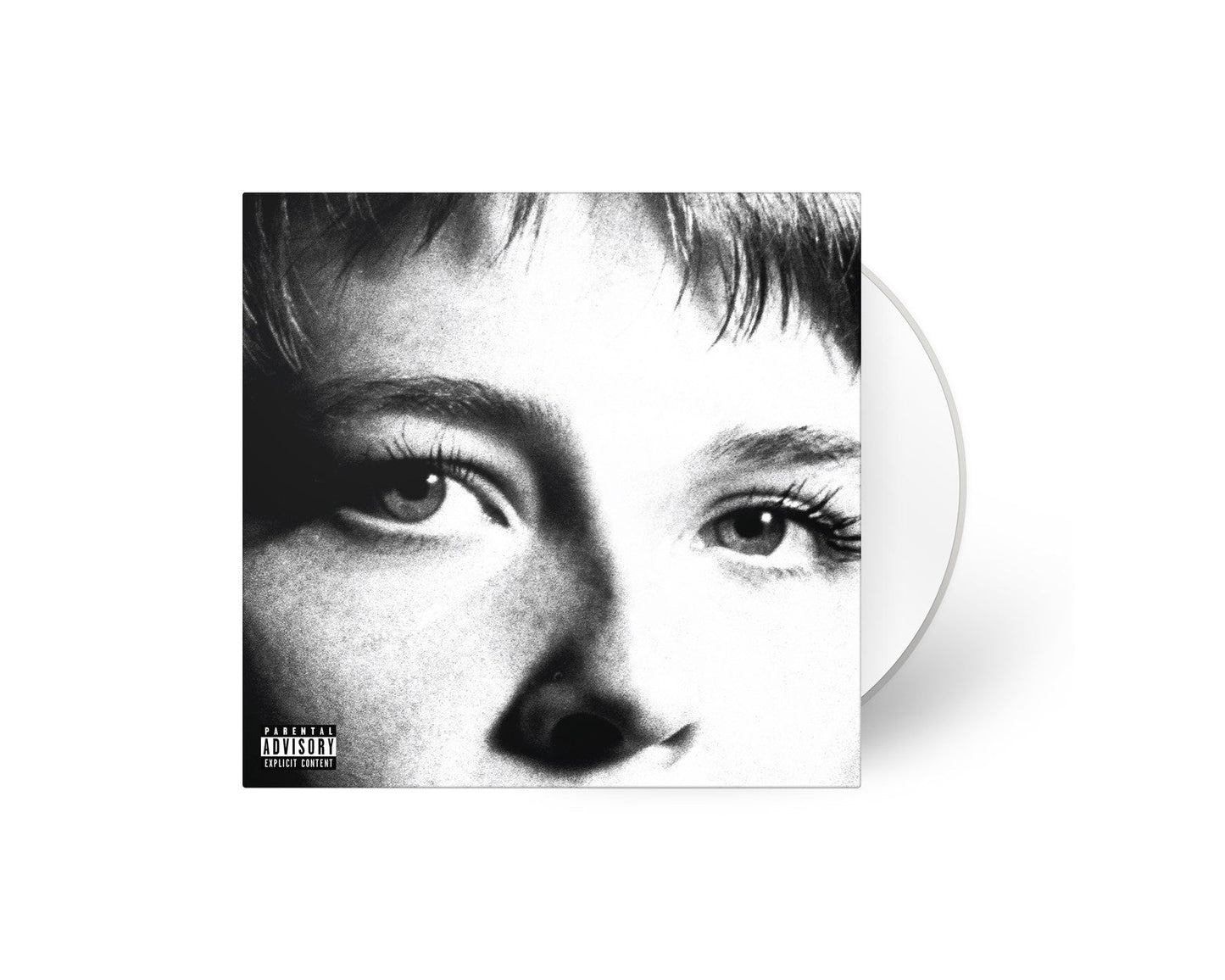 Black and white close-up of Maggie Rogers’ face, CD beside it.