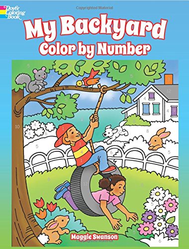 Color by number book cover with children playing in a backyard scene.