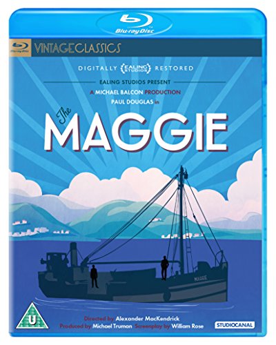 Blu-ray cover for “The Maggie” featuring a fishing boat and stylized sky.