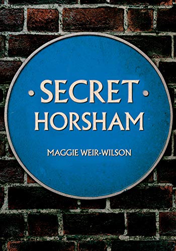 Blue circular plaque reading “Secret Horsham” against a brick wall.