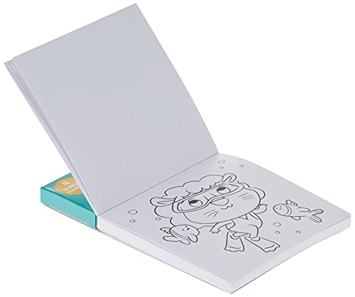 Open coloring book with a cartoon lion wearing snorkel gear.