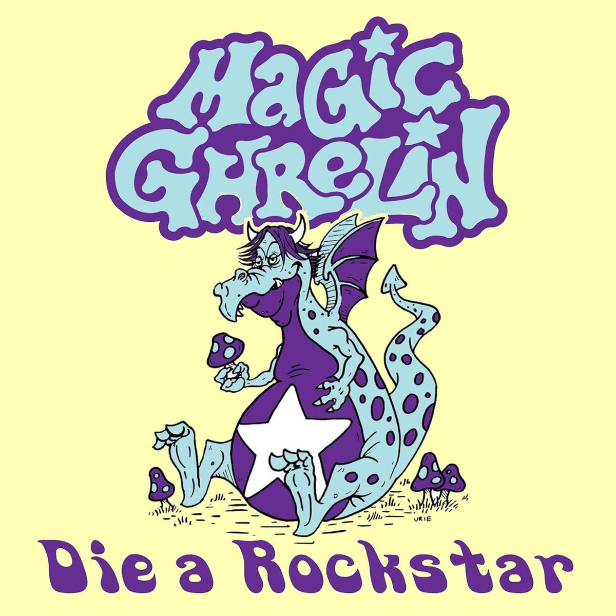 Yellow album cover featuring a purple dragon with mushrooms and stars.