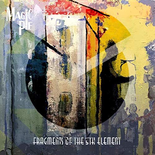 Vinyl record cover with abstract yellow, black, and blue paint splatters.